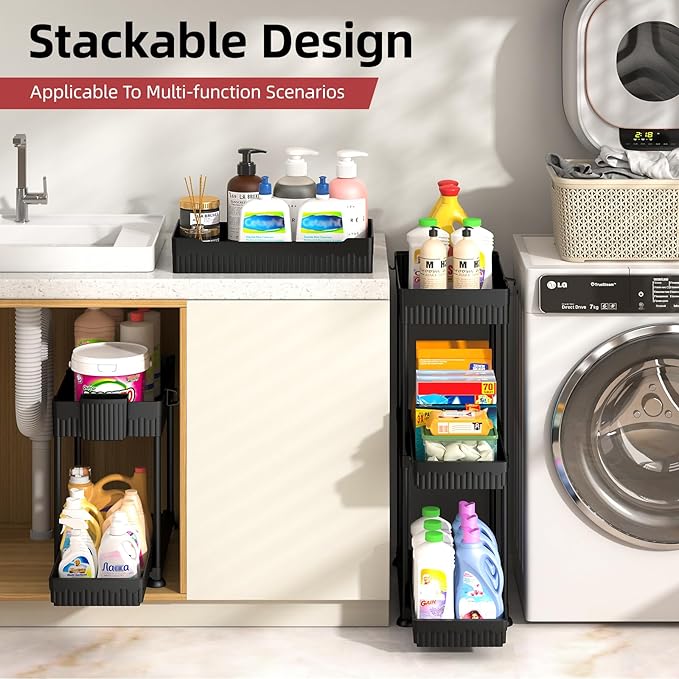 4 Pack Under Sink Organizer, Bathroom Organizers and Storage, 2 Tier Multi-Use Pull Out Cabinet Organizer with Hang Hooks and Cups (Black, 4 Pack)