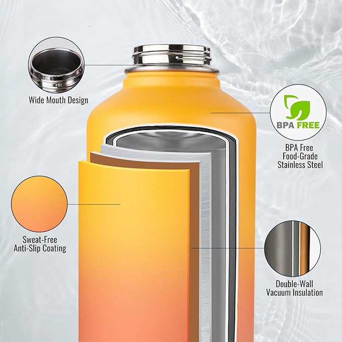 Gallon Water Bottle with 2 Lids (Straw & Spout), 304 Stainless Steel Water Jug with Handle and Wide Mouth, 1 Gallon Vacuum Double Walled Jug for Sports, Outdoors, Yellow&Orange 128 oz