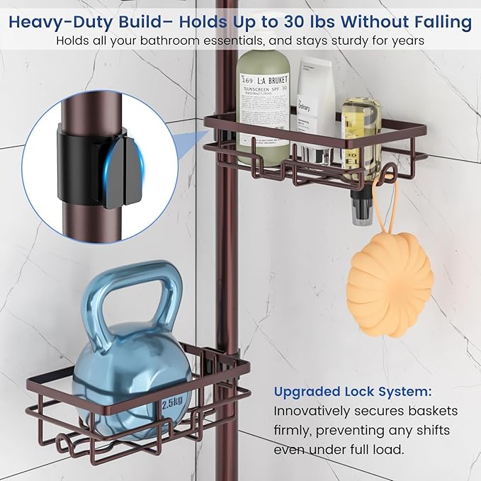 Mixoo Corner Shower Caddy Tension Pole - Adjustable 30 to 120 Inch Shower Organizer with 6 Shelves, Towel Rack, Toothbrush Holder, Soap Dish, Bathroom Corner Storage for Shower, Bathtub (Bronze)