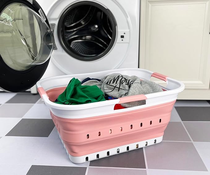 SAMMART 42L (11 gallon) Collapsible Plastic Laundry Basket - Foldable Pop Up Storage Container/Organizer - Space Saving Hamper/Basket (1, White/Quartz Pink)