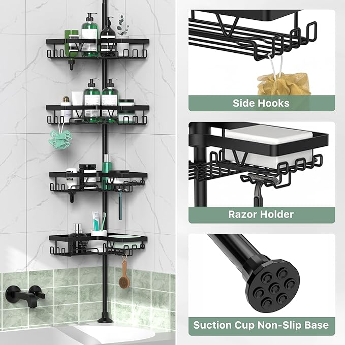 Corner Shower Caddy Tension Pole - 4 Tier Stainless Steel Rustproof Shower Corner Caddy for Bathtub Bathroom Shower Organizer Shelves Adjustable Pole 25-114.2 Inch Black