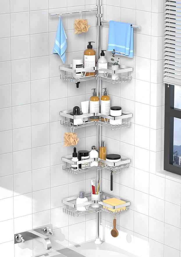 KEGII Shower Caddy Tension Pole with 2 Towel Bars, Adjustable Corner Bathroom Organizer, Rustproof Bathtub Storage Shelves for Shampoo, 25–114.2 Inch Shower Corner Rack for Renters & Family, Silver