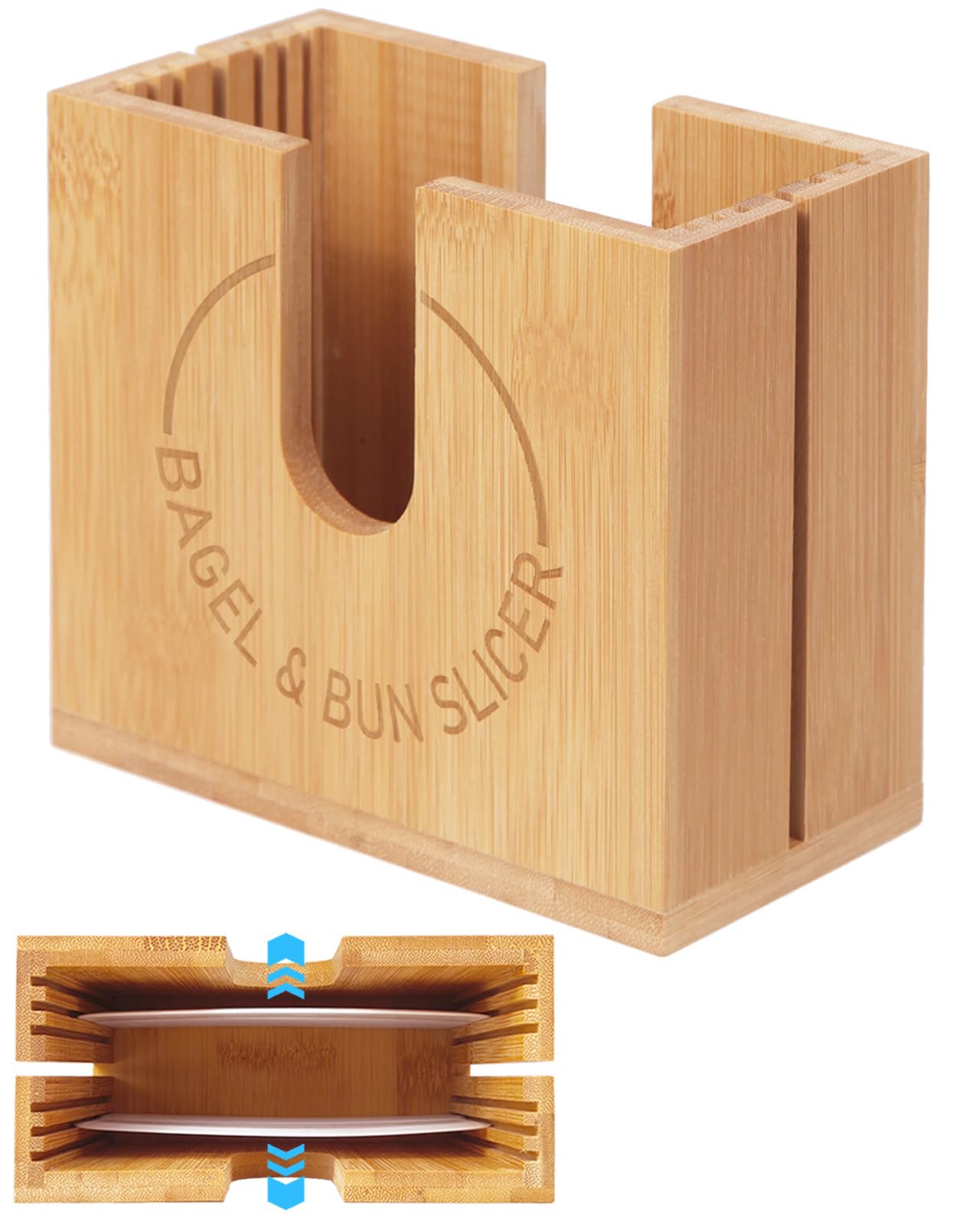 Large Adjustable Bagel Slicer Holder | Acacia Wood Bagel Cutting Holder with Width-Adjustable Slots for Small & Large Bagels, Buns & English Muffins, Knife Groove & Non-Slip Base
