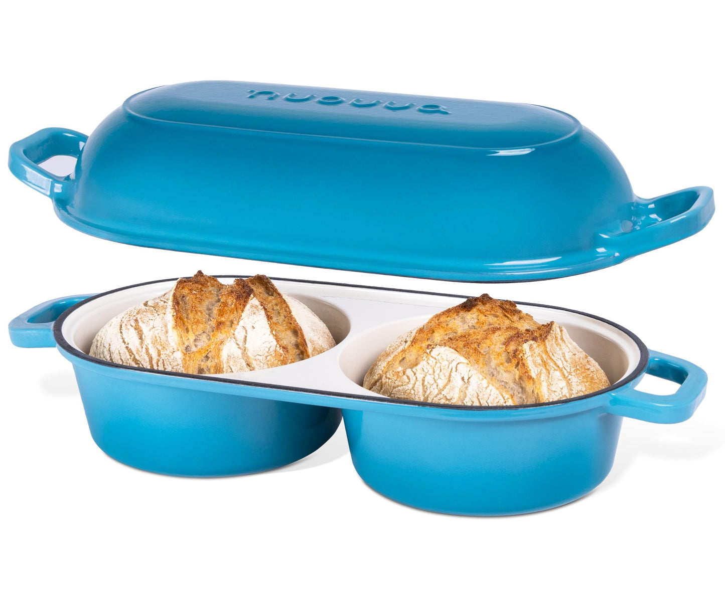 Dutch Oven For Sourdough Bread Baking – Enamelled Cast Iron Bread Loaf Pot – 500°F Oven Safe Non Stick Bread Pot – Double Round Loaf Space, 16.5cm Diameter, Light Blue, – by Nuovva