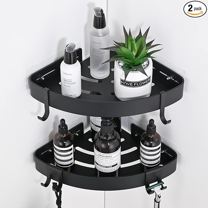 Adhesive Corner Shower Caddy with Hooks,Bathroom Shower Organizer, No Drilling Rust Proof Aluminum Shower Shelf for Inside Shower 2 Pack (Black)