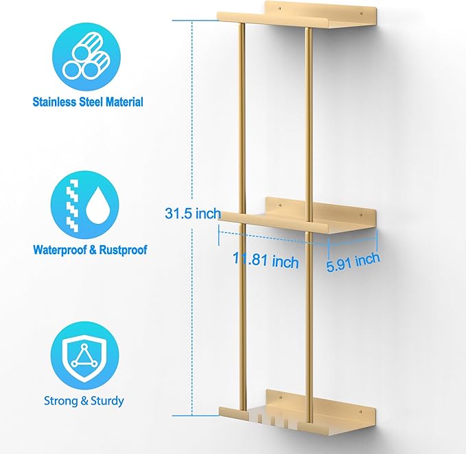 Towel Rack for Bathroom, Wall Mounted Vertical Rolled Towel Storage Organizer Holder with Shelf, Holds Up 6 Large Bath Sheets, Gold Large Size
