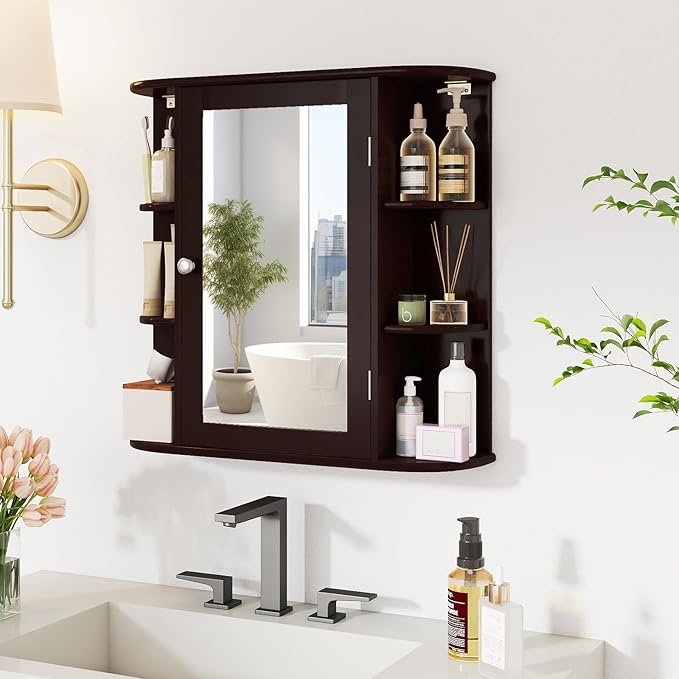 Tangkula Bathroom Medicine Cabinet with Mirror, Modern Wall Mounted Space-Saving Storage Organizer with Mirrored Door, 4 Internal Shelves & 6 Open Side Shelves, Bathroom Wall Cabinet (Coffee)