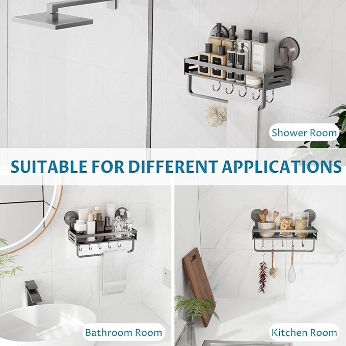 Onemake Shower Caddy Suction Cup, 1 Pack 11.8 inch Aluminum Suction Showers Organizer with Towel Bar & Hooks, Rustproof Shower Shelf, NO-Drilling Bathroom Shelf Storage Rack, Gray