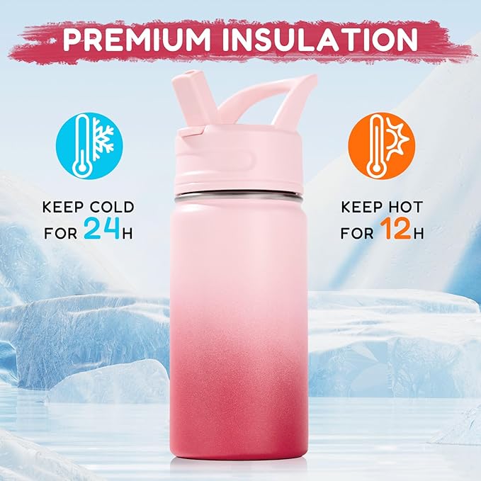 12oz Kids Water Bottle for School, Toddler Bottles with Straws, Stainless Steel Vacuum Insulated Water Bottle for Boys&Girls, Leak-Proof, BPA-Free, Cherry
