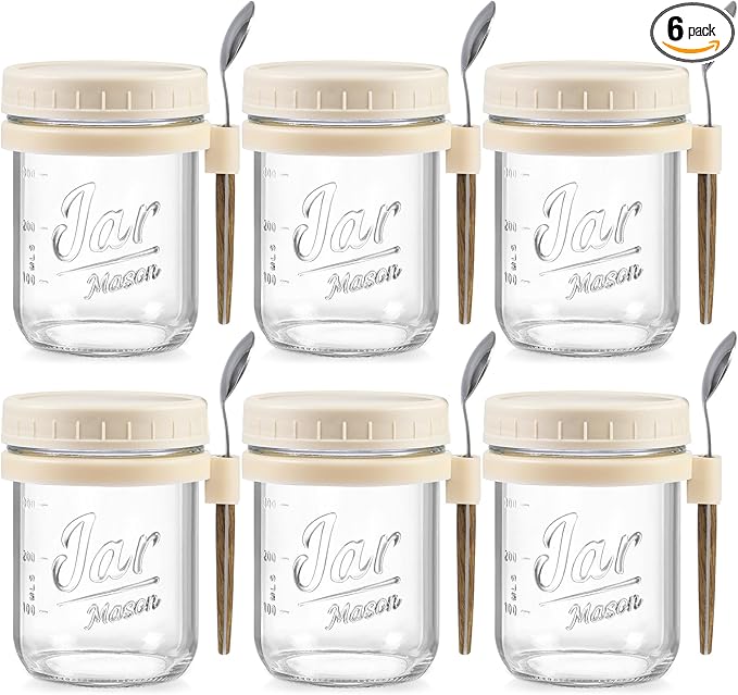 6 Pack Overnight Oats Containers with Lids and Spoons, 16 oz Glass Mason Overnight Oats Jars, Large Capacity Airtight Jars for Milk, Cereal, Fruit(Beige）