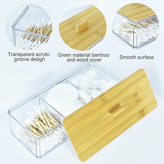 Acrylic Qtip Dispenser with Wood Lid - 3 Compartment Bathroom Organizer for Q Tip, Cotton Swab and Cotton Pad Holder, Vanity Storage Organization for Countertop and Drawer