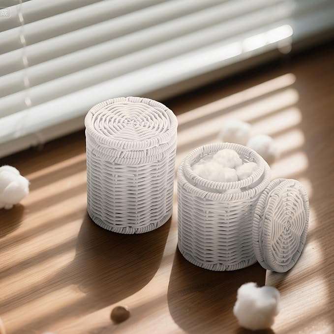 Rattan Jars,Decorative Storage Boxes with Lids,Rattan Bathroom Accessories,Rattan Desk Organizer,for Office,Dressing Table,Dental floss picks, cotton swab holders Home Decoration,White（DP056）