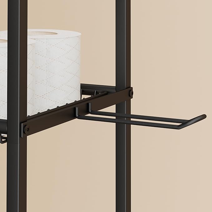 4-Tier Over The Toilet Storage, Bathroom Organizer, Space-Saving, Above Toilet Storage Rack with 4 Hooks and Paper Holder, Metal Shelf, Black