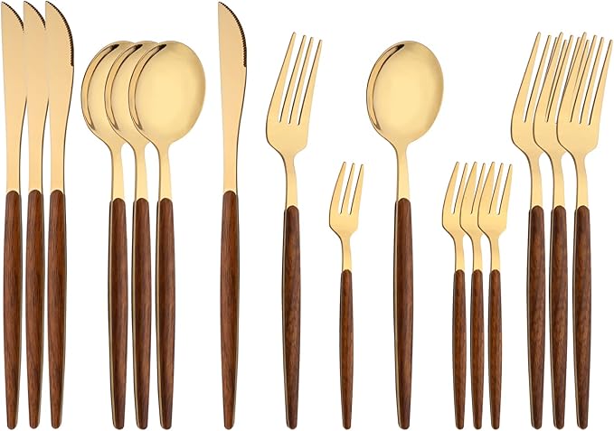 Uniturcky 16-Piece Silverware Set with Cake Fork, Gold Stainless Steel Flatware Cutlery Set, Eating Utensils Set with Wooden effect Handle, Include Knife Fork Spoon, Mirror Polished, Dishwasher Safe