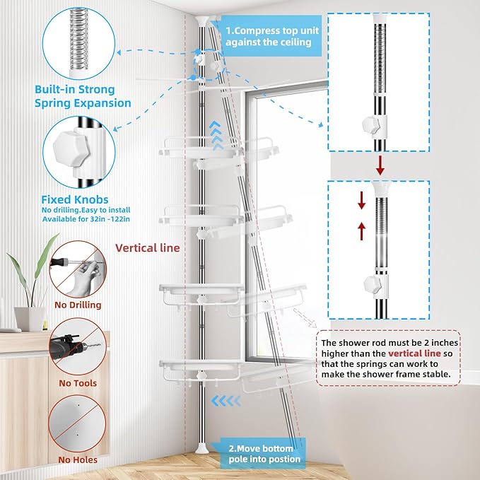 32-122inch Corner Shower Caddy Tension Pole White, Rustproof Drill-Free Shower Shelves for Bathroom Bathtub Washbasin, Adjustable Shower Organizer with 4 Tier Patent Stable Shelves & Towel Bars