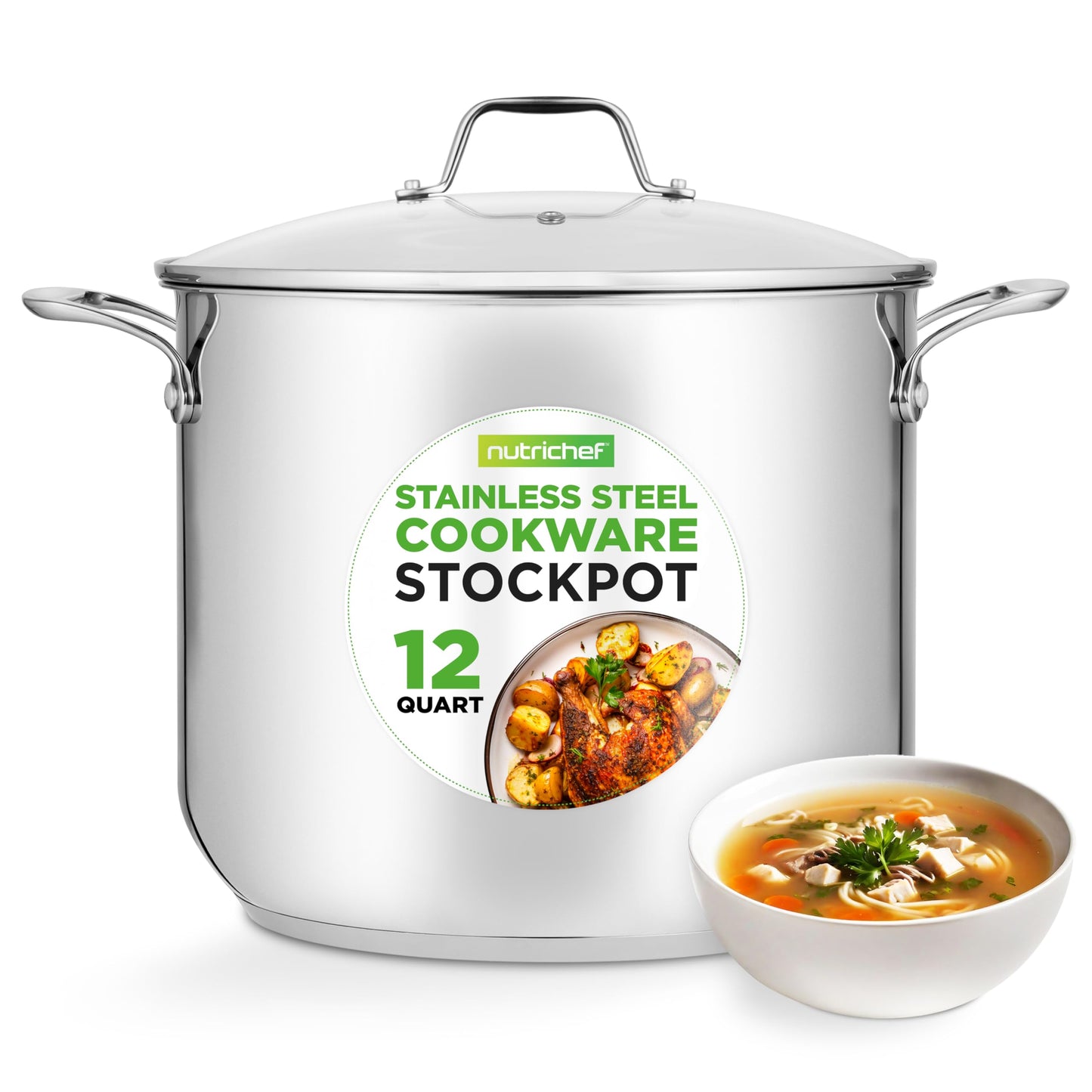 NutriChef 15-Quart Stainless Steel Stock Pot with Tempered Glass Lid - Induction Compatible Large Stockpot, Ideal for Stews & Soups, Dishwasher Safe - NCSP16
