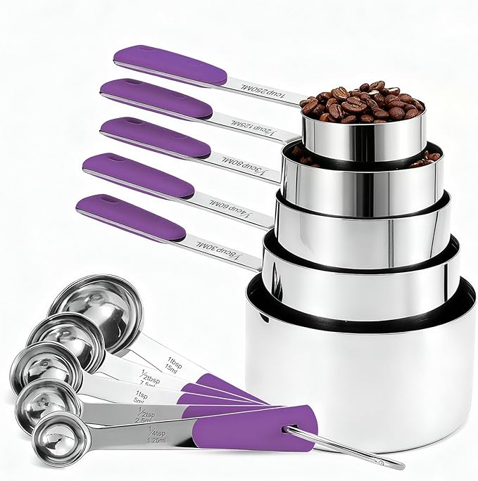 Bopei Measuring Cups and Spoons Set Stainless Steel 10 Piece for Cooking and Baking (5 Cups + 5 Spoons, Colorful Handles)