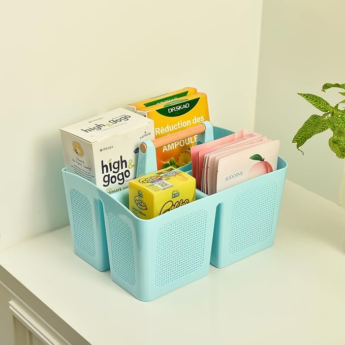 ALINK Portable Shower Caddy Basket with Compartments, Plastic Divided Cleaning Caddy Organizer Storage Tote with Handle for Bathroom, College, Dorm Room Essentials - Blue