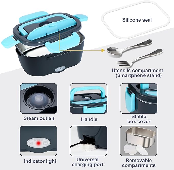 Electric Lunch Box, 12V/24V/110V Portable Food Warmer with SS Fork & Spoon for Car/Truck/Office, 80W Self Heating Lunch Box with 1.5L 304 Stainless Steel Container & 0.45L PP Fruit Box Sky Blue