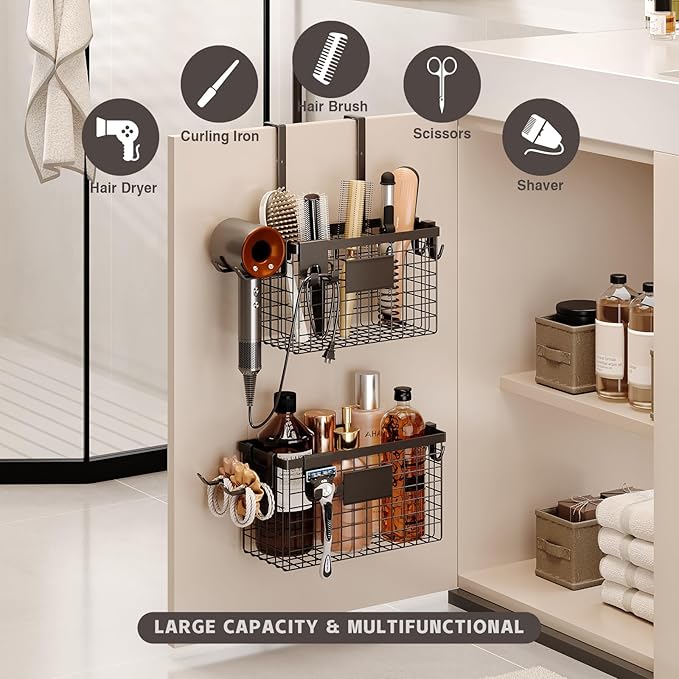 Hair Dryer Holder Cabinet Door 3-in-1 Adhesive Hair Tool Organizer Wall Mounted Adjustable Height Blow Dryer Holder Under Sink Bathroom Hair Appliance Organizer and Storage Countertop(Black)