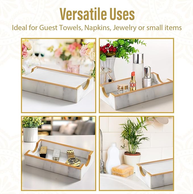 Fete Marble Tray for Bathroom - Guest Towel Holder Tray - 4 x 10 - White Marble