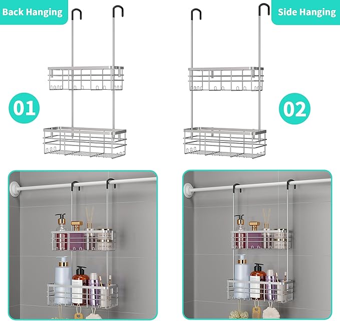 HapiRm Hanging Shower Caddy Organizer - No Drilling Shower Organizer with Hooks, Rustproof & Waterproof 304 Stainless Steel Bathroom Shelves - Silver