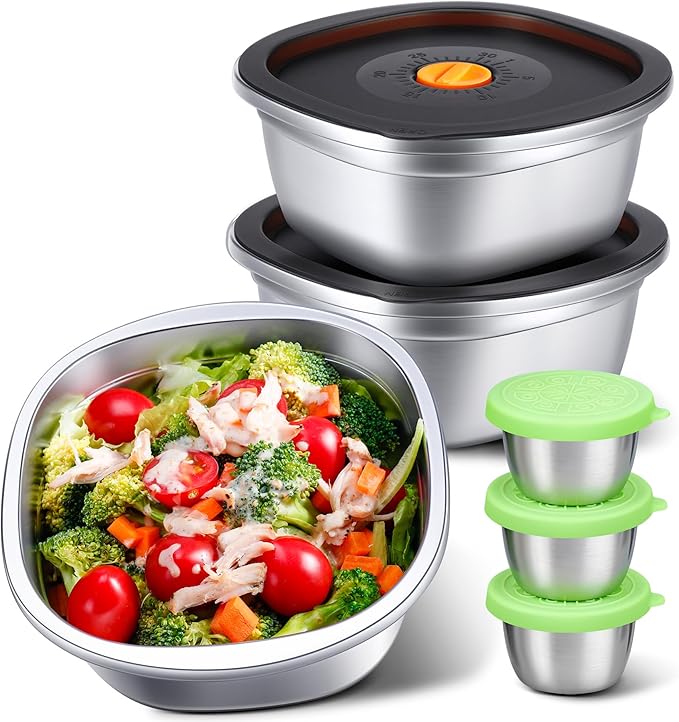 6-Piece Stainless Steel Salad Bowl Set, 3 Bowls (50 oz) & 3 Dressing Cups