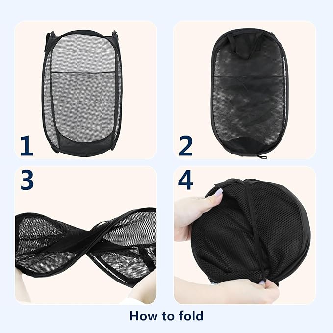 Pop Up Laundry Hamper, Mesh Laundry Basket Collapsible, Foldable Hamper for Travel and Storage (Black)