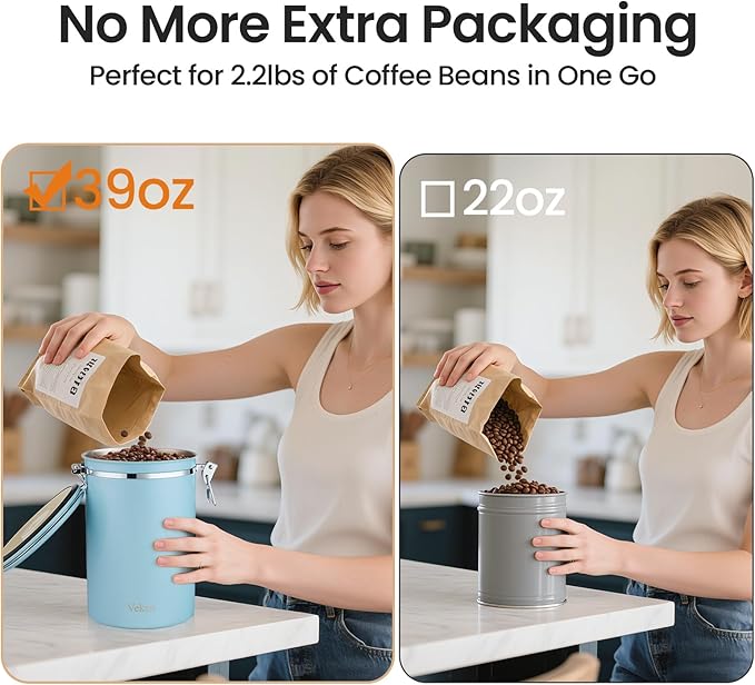 Veken Coffee Canister, 39OZ Large, Airtight Stainless Steel Food Storage Container for 2.2lbs Coffee Beans, Ground, Sugar, Tea, Cookie, Flour, Kitchen Bar Accessories with Date Tracker & Scoop, Blue