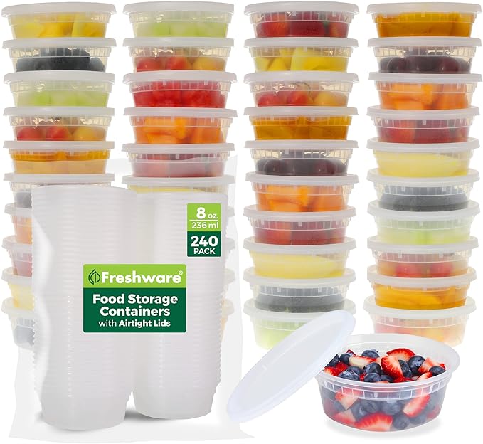Freshware Food Storage Containers [240 Set] 8 oz Plastic Deli Containers with Lids, Slime, Soup, Meal Prep Containers, BPA Free, Stackable, Leakproof, Microwave, Dishwasher and Freezer Safe