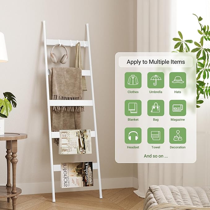 ELYKEN Blanket Ladder for Living Room, Farmhouse 5-Tier Quilt Holder with 4 Removable Hooks for Bathroom, Wood Towel Rack Display, Wall Anchor Leaning Decorative Stand for Home, White