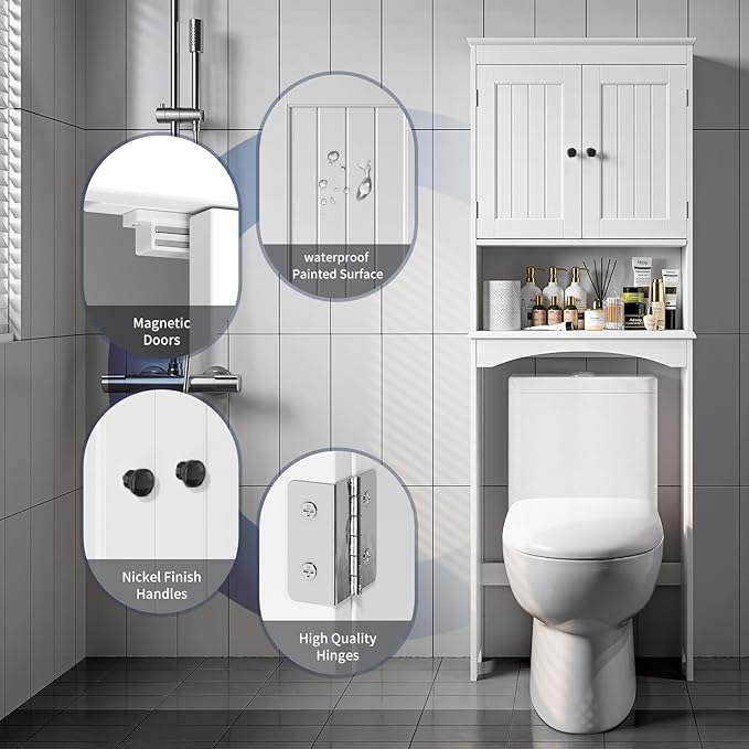 Bealife Over The Toilet Storage Cabinet with Open Shelf, Organizer with Adjustable Shelf and Double Doors,Over The Toilet Storage Shelf Free Standing- White