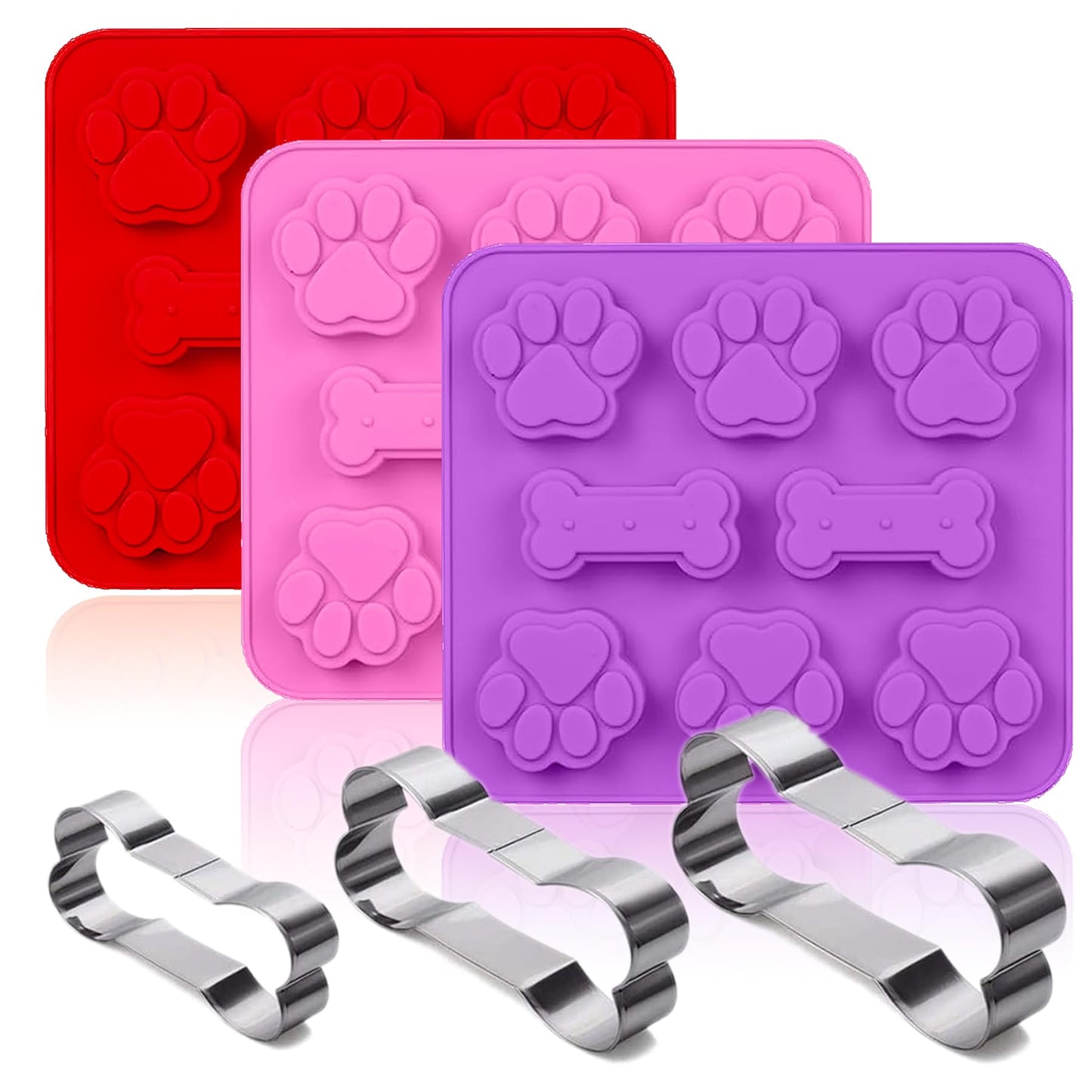 SAGOOITS 2 Pack Puppy Dog Paw and Bone Shaped 2 in 1 Silicone Molds, Reusable Non-Stick Ice Cube Trays & Candy Chocolate Molds for Homemade Dog Treats, Pudding & Baking Biscuit(Red Purple)