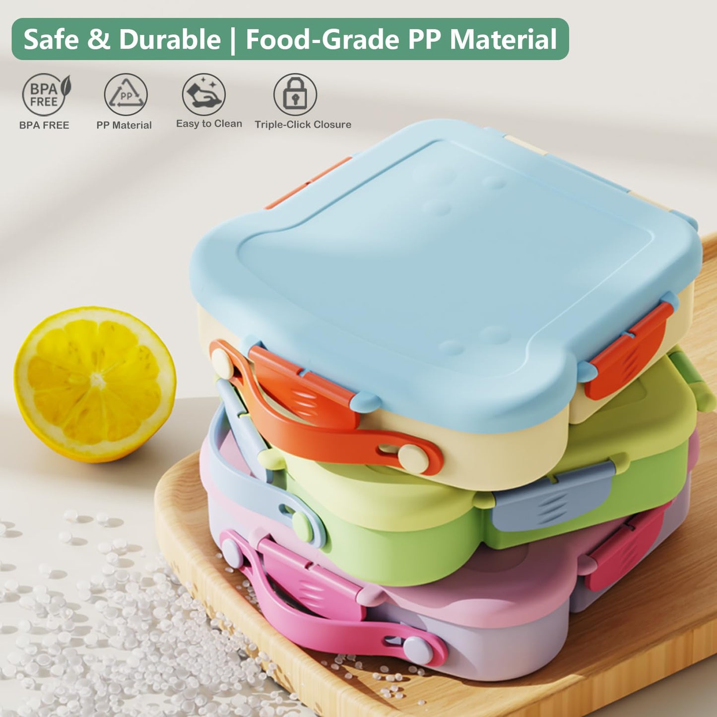 SAYAPE Bento Box for Kids & Adults – Cute Cartoon 2-Layer Lunch Box with Fork, Sauce Cup & Brush, BPA-Free, 3-Compartment Square Snack Container with Handle for School, Office, or Travel (Green)