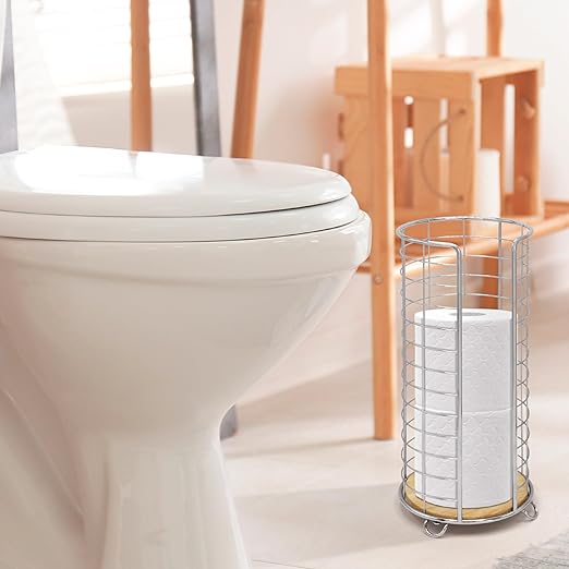 BROOKSTONE, Stylish Toilet Paper Holder with Bamboo Base, Freestanding Bathroom Tissue Organizer, Minimalistic Storage Solution, Modern Trending Design [Holds Large Rolls], Chrome…