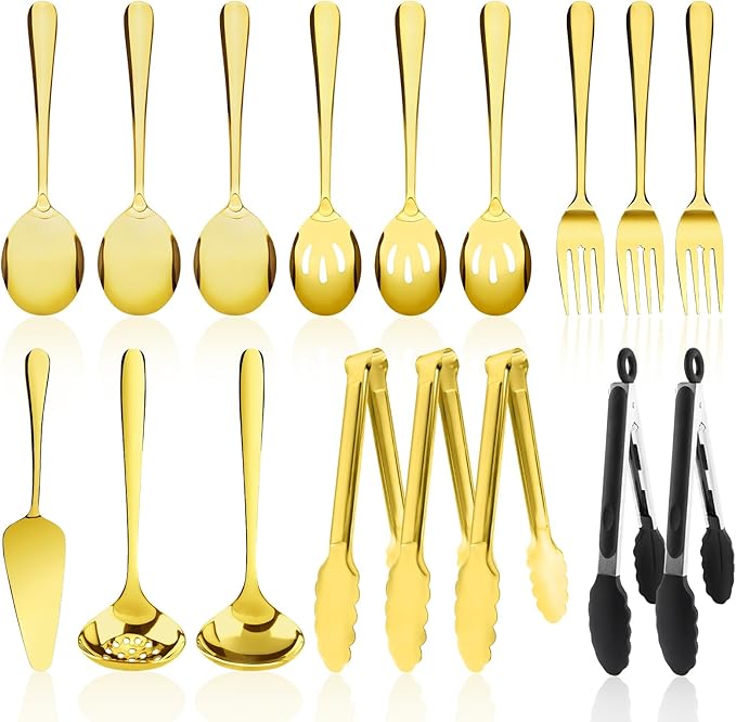 17PCS Serving Spoons and Utensils Set, Stainless Steel Serveware Gold