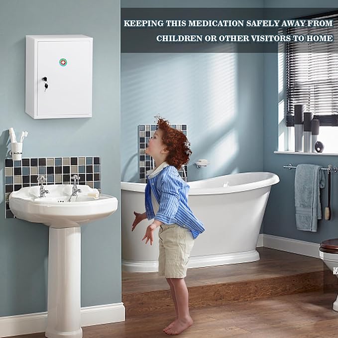 KYODOLED Wall Mount Locking Medicine Cabinet, Large Capacity First Aid Cabinet for Bathroom, Medicine Cabinet with Key, Secure Steel Lock Box for Medication, 15.75" H x 11.82" W x 4.72" D, White