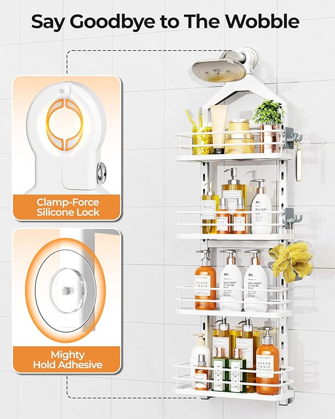 ODesign 4 Tier Height-Adjustable Shower Caddy Hanging Anti-Swing-Over The Shower Head Caddy-Storage Organizer Bathroom Shelves Basket-White