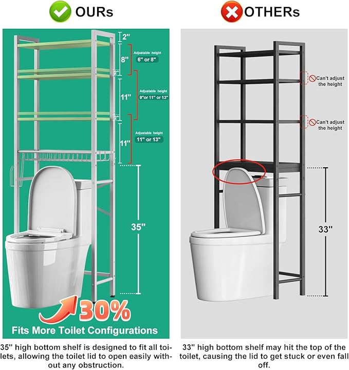 Over-The-Toilet Storage Rack, 4-Tier Bathroom Organizer Shelf Over Toilet with Adjustable Shelf and Basket, Freestanding Space Saver Bathroom Shelves Above Toilet for Room (Avocado Green)