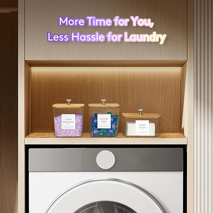 3 Pack Laundry Room Organization Storage Containers Acrylic Laundry Pod Containers and Dryer Sheet Holder with Lids and Labels for Laundry Detergent Laundry Pods Dry Sheet Organizing