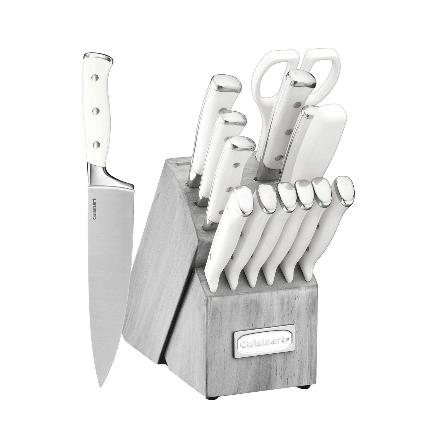 Cuisinart 15-Piece Knife Set with Block, High Carbon Stainless Steel, Forged Triple Rivet, White, C77WTR-15P