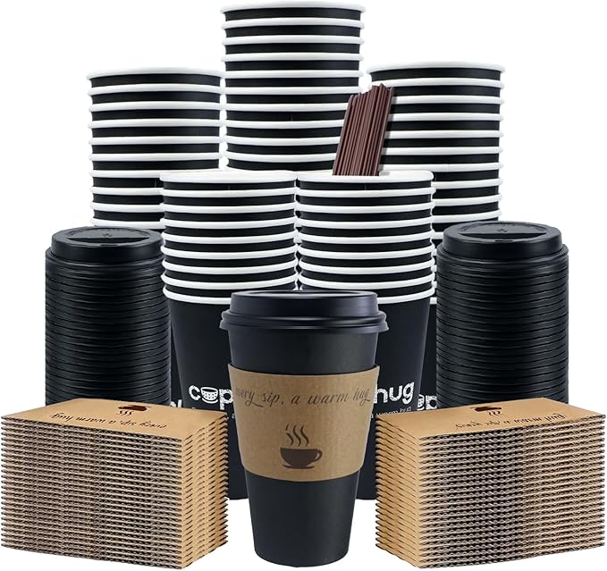 cuphug 12oz Disposable Coffee Cups with Lids, Kraft Sleeves & Straws, 100 Pack Black Paper Hot Drink Cups