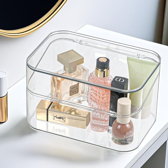 Clear Bathroom Organizer, 2-Size Essentials Set for Hail Accessories & Beauty Supplies,Cotton Swabs,Balls,Pads - Small Clear Plastic Canister Apothecary Jar Set, Vanity Makeup Storage Organizer (L+2S)