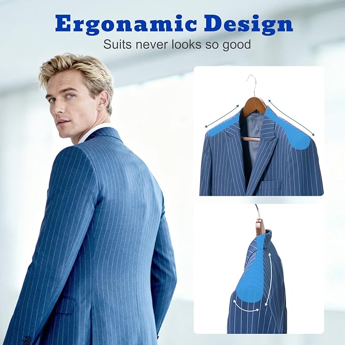 HOUSE DAY Wood Suit Hangers for Men, Smooth Wide Shoulder Wooden Hanger with Non Slip Pant Holder, Wide Hangers for Suits, Coats, Jackets, Heavy Wide Clothes Hanger 2 Pack, Walnut