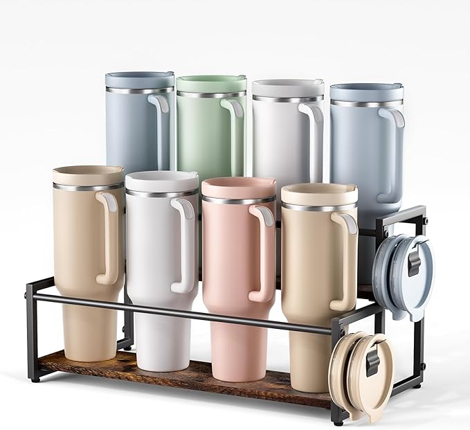 2-Tier Stanley Cup Holder for 8 Tumblers, Lid Organizer, Natural Wood