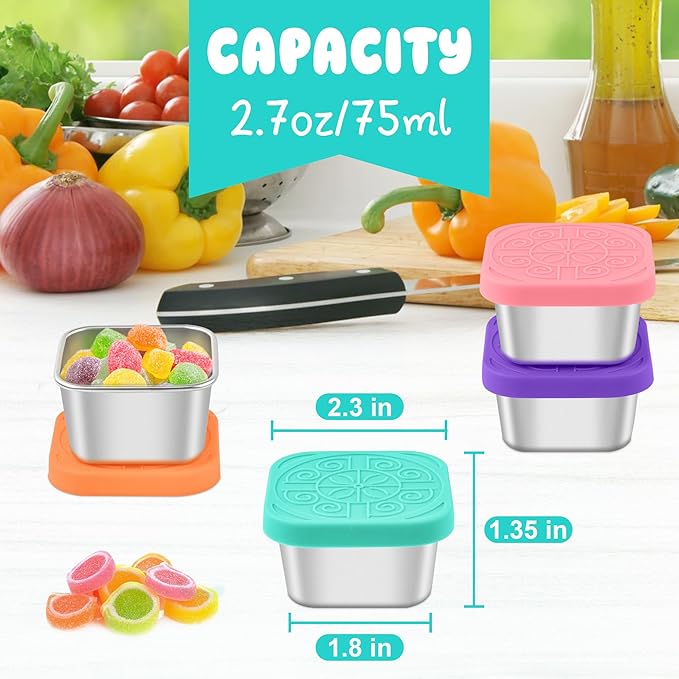 6x2.7oz Salad Dressing Container to Go, Leakproof Reusable Stainless Steel small container with lid,Sauce Containers for Lunch box,Picnics,Travel,Office and Meal Prep-Square