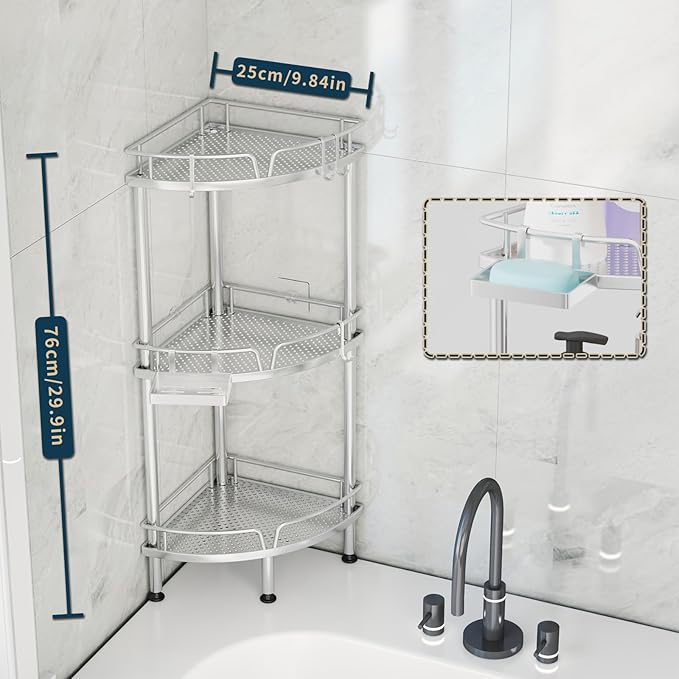 Consumest Corner Shower Caddy Stand - 3 Tier Shower Organizer with Soap Holder, Tall Floor Corner Shelf Standing with Adjustable Feet & 4 Hooks, Storage Rack for Bathroom, Silver