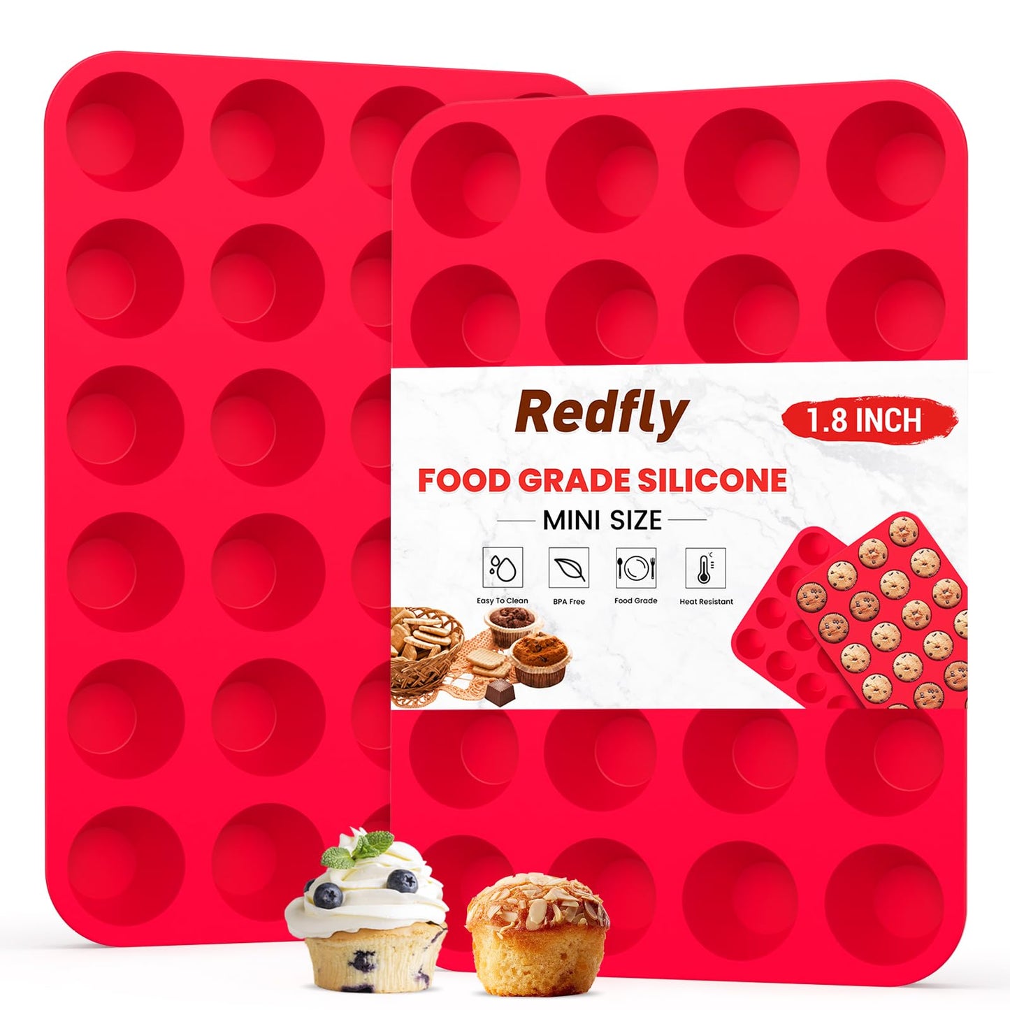 Redfly 2 Pack Silicone Muffin Pans for Baking & Cupcake Pan - 12 Cup Regular Size Silicone Molds, BPA Free Egg Bites Mold