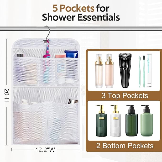 MISSLO Shower Caddy Organizer 5 Pockets Roll up Hanging Bathroom Accessories Storage for Camper, RV, Gym, Cruise, Cabin, College Dorm Shower, Small