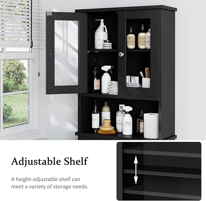 Meilocar Over The Toilet Storage Cabinet for Bathroom, Storage Organizer Over Toilet with Glass Doors, Space Saver for Living Room, Black